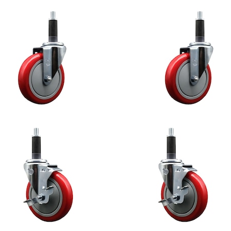 Service Caster 5'' SS Red Poly Wheel Swivel 1'' Expanding Stem Caster Set 2 Brakes, 4PK SCC-SSEX20S514-PPUB-RED-2-TLB-2-1